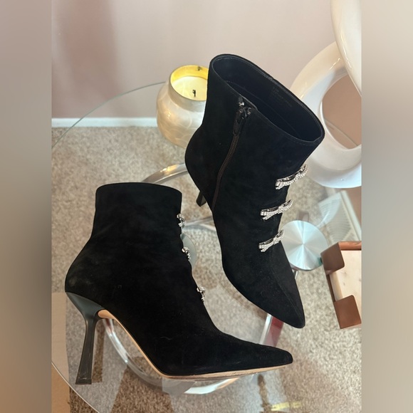 Gianni Bini Dalton Elegant Black Suede Ankle Booties with Rhinestone Bows - Picture 1 of 8